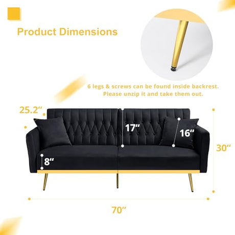 ACMEASE 70” Velvet Futon Sofa Bed with 2 Pillows and Adjustable Armrests, Convertible Sleeper Bed W/Adjustable Backrests, Modern Loveseat for Living Room, Bedroom, Black ACMEASE