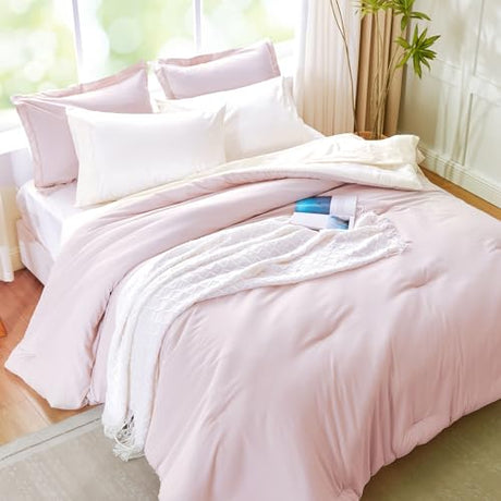 Kozyhvn Full Size Comforter Sets for Girls, Pink and White Comforter Reversible, 7 Pieces Soft Bed in a Bag Full with Comforter, Sheets, Pillowcases & Shams, All Seasons Boho Full Bed Set Kozyhvn