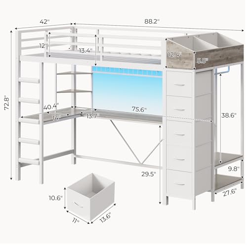 Loft Bed with L-Shaped Desk, LED Lights, Charging Station, Metal Loft Bed Frame with 5 Storage Drawers and Hall Tree, Twin Size Bed for Kids with Ladder and Safety Guard, No Box Spring Needed, White MSmask