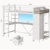 Loft Bed with L-Shaped Desk, LED Lights, Charging Station, Metal Loft Bed Frame with 5 Storage Drawers and Hall Tree, Twin Size Bed for Kids with Ladder and Safety Guard, No Box Spring Needed, White MSmask