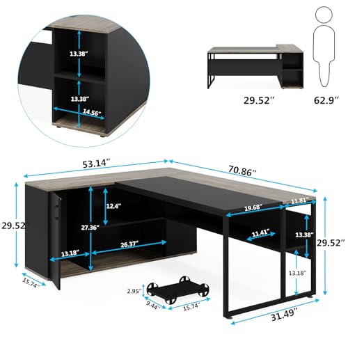 Tribesigns 71 inch Executive Desk, L Shaped Desk with Cabinet Storage, Executive Office Desk with Shelves, Business Furniture Desk Workstation for Home Office, Gray - WoodArtSupply