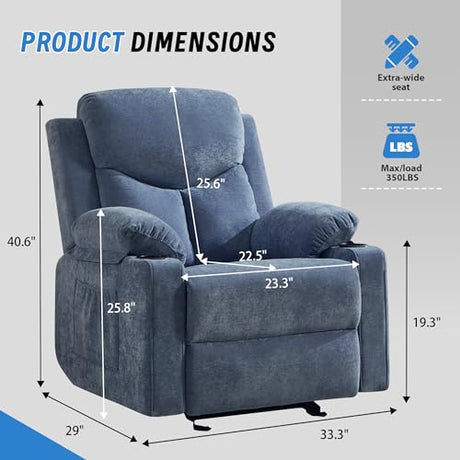 Sftaiyou Manual Rocker Recliner Chair for Adults with Massage, Overstuffed Glider Rocking Chair with Cup Holders and Pockets for Living Room, Reclining Sofa Chair for Bedroom Nursery,Navy Blue Sftaiyou