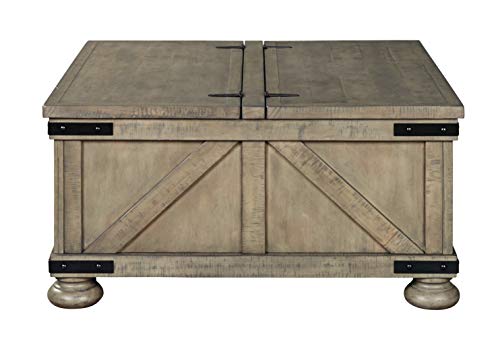 Signature Design by Ashley Aldwin Farmhouse Square Coffee Table with Lift Top for Storage, Grayish Brown, 36 in x 36 in x 18 in - WoodArtSupply