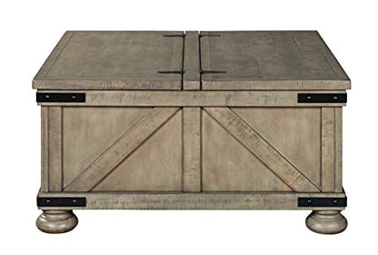 Signature Design by Ashley Aldwin Farmhouse Square Coffee Table with Lift Top for Storage, Grayish Brown, 36 in x 36 in x 18 in - WoodArtSupply