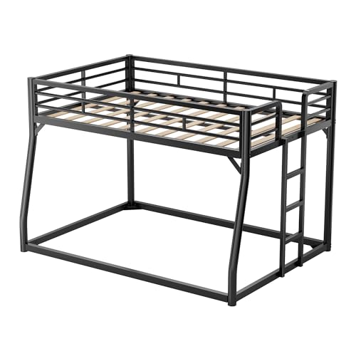 PVWIIK Metal Full XL Over Queen Bunk Bed w/Ladder and Safety Guardrail for Kids Teens Adults,Heavy-Duty Sturdy Bunk Bed,No Box Spring Needed,Black PVWIIK