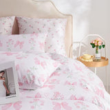 Jolusere Floral Duvet Cover Queen Pink Bow Bedding Set for Girls Kids, Princess Style Bowknot Flower Design, Coquette Duvet Cover Set 3 Pieces, 2 Pillowcases, 100% Microfiber Jolusere