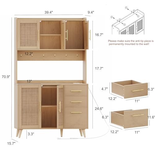 Rovaurx 70.9" Kitchen Pantry Cabinet with Microwave Shelf, Rattan Kitchen Hutch Cabinet with Charging Station, Tall Floor Cupboard Cabinet with Drawers and Doors, Natural KBG002ME Rovaurx