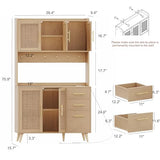 Rovaurx 70.9" Kitchen Pantry Cabinet with Microwave Shelf, Rattan Kitchen Hutch Cabinet with Charging Station, Tall Floor Cupboard Cabinet with Drawers and Doors, Natural KBG002ME Rovaurx