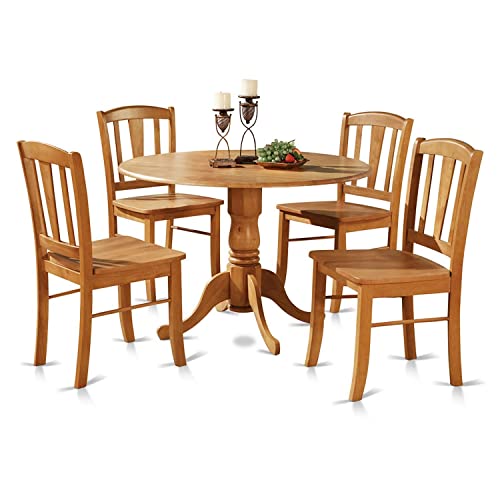 East West Furniture Dublin 5 Piece Kitchen Set for 4 Includes a Round Room Table with Dropleaf and 4 Dining Chairs, 42x42 Inch, Oak East West Furniture