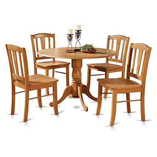 East West Furniture Dublin 5 Piece Kitchen Set for 4 Includes a Round Room Table with Dropleaf and 4 Dining Chairs, 42x42 Inch, Oak - WoodArtSupply