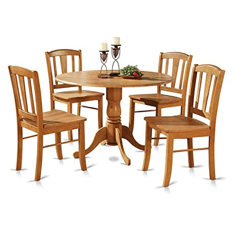 East West Furniture Dublin 5 Piece Kitchen Set for 4 Includes a Round Room Table with Dropleaf and 4 Dining Chairs, 42x42 Inch, Oak East West Furniture