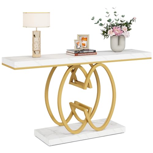 LITTLE TREE 55-Inch Gold Console Table for Entryway, Modern Faux Marble Foyer Table with Geometric Metal Legs, Narrow Long Sofa Table for Living Room LITTLE TREE