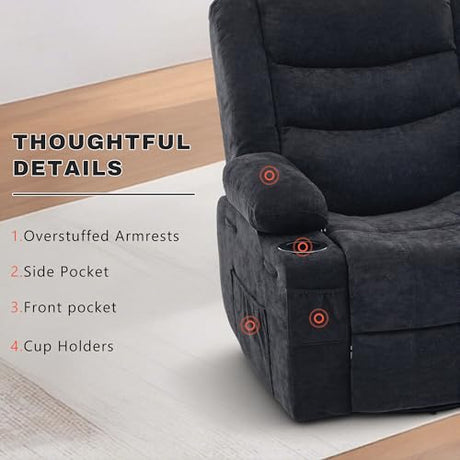 GAOHAPPY Swivel Rocker Recliner Chair, Manual Recliner Single Sofa with Cup Holders and Side Pocket, Chenille Fabric, Upholstered Nursery Rocking Chair for Living Room, Bedroom, Black GAOHAPY