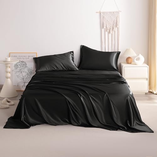 NTBAY Silk Satin Queen Sheet Set, 4-Piece Luxury and Soft Bedding Set Cooling Silky Sheets for Hair and Skin, Includes 2 Pillowcases, 1 Flat Sheet, 1 Fitted Sheet with Deep Pocket, Black NTBAY