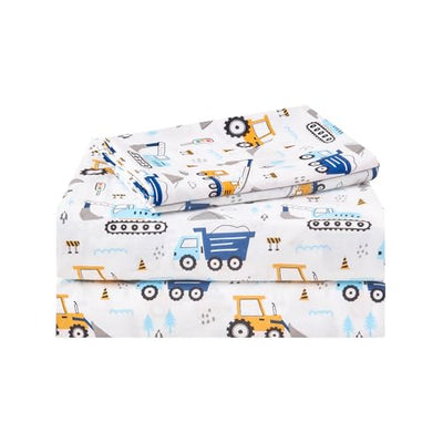 lasoftan Kids Sheet Set Twin Size 3 Pcs, Boys Sheet Set with Blue Excavator Car Pattern，Kids Boys Twin Fitted Sheet，Breathable & Silky Soft Microfiber Fitted Sheet