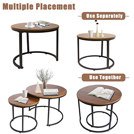 aboxoo Coffee Table Nesting Side Round Set of 2 End Table Top Sturdy Metal Frame Desk Centerpiece Living Room Bedroom Apartment Modern Industrial Simple Nightstand aboxoo
