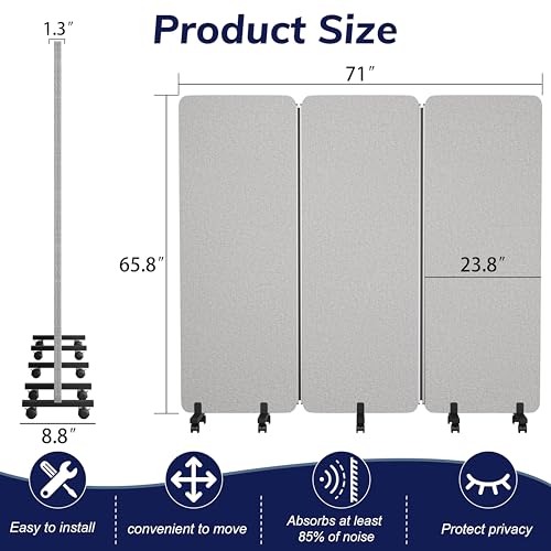 KERRAM 3 Panel Foldable Office Partitions, Mobile Cubicle Wall with Wheels, 71 x 66 Inch Noise Cancelling & Sound Proof Room Dividers Partition Wall, Aluminum Frame Gray KERRAM
