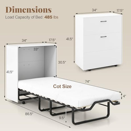 KOMFOTT Murphy Bed Cabinet, Rolling Folding Bed into Cabinet with Mattress & Lockable Wheels, Folding Bed Frame for Small Space, Roll Away Pull Out Murphy Bed for Guest Room Office (White) KOMFOTT