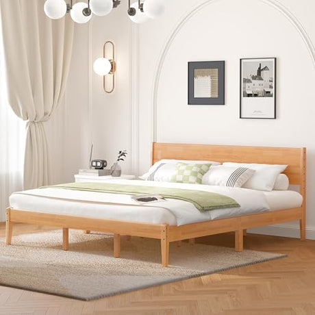 MORDEER King Size Bed Frame and Headboard, Malaysian Oak King Bed Frame with Storage, Modern Platform Bed Frame with Headboard, No Box Spring Needed, Easy Assembly, Rustic Pine MORDEER