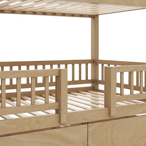 RUNNA Twin Over Twin Bunk Bed with Slide, Storage Drawers & Staircase, Solid Pine Wood Frame, No Box Spring Needed, Kids Bedroom Space-Saving Furniture (01-Walnut) RUNNA