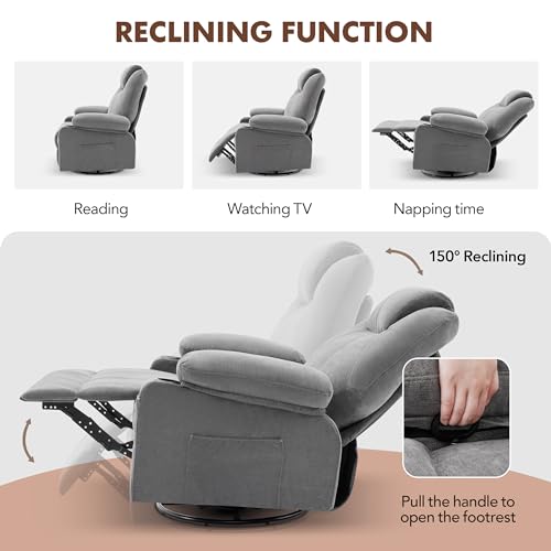 Weture Swivel Rocker Recliner Chair with Heat and Massage, Big Oversized Rocking Single Sofa for Living Room, 360 Degree Swivel Recliner Chair with Cup Holders and USB Port (Fabric, Grey) Weture