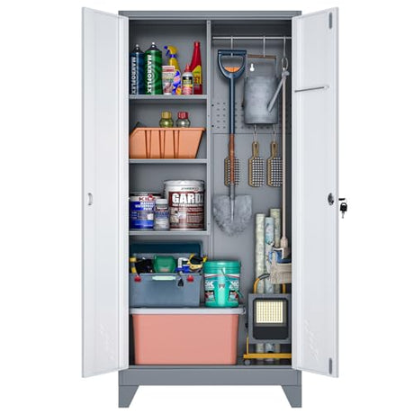OSEILLC Metal Storage Cabinet with Locking Doors, 61" Tall Garage Cabinet with Hanging Rod, Broom Closet/Freestanding Bathroom Storage Cabinet, Cleaning Tool Storage OSEILLC