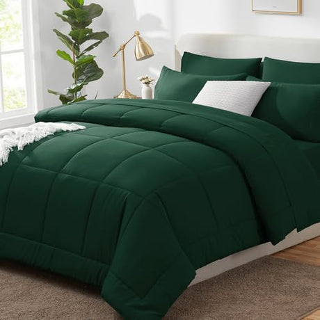 CozyLux Queen Comforter Set Emerald Green, 7 Pieces Bed in a Bag, Green Comforters Queen Size, All Season Bedding Sets with Stitch Quilted Comforter, Flat Sheet, Fitted Sheet, Pillowcases CozyLux