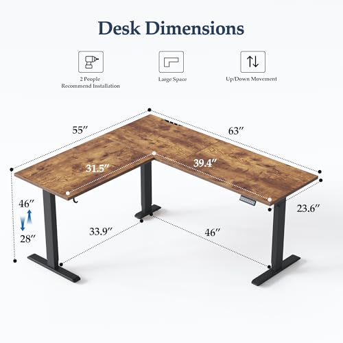 Klicelor L Shaped Standing Desk 63 x 55 Inch, Electric Height Adjustable Corner Desk for Home Office Workstation, Ergonomic Sit Stand Computer Table with Memory Controller, Rustic Brown Klicelor