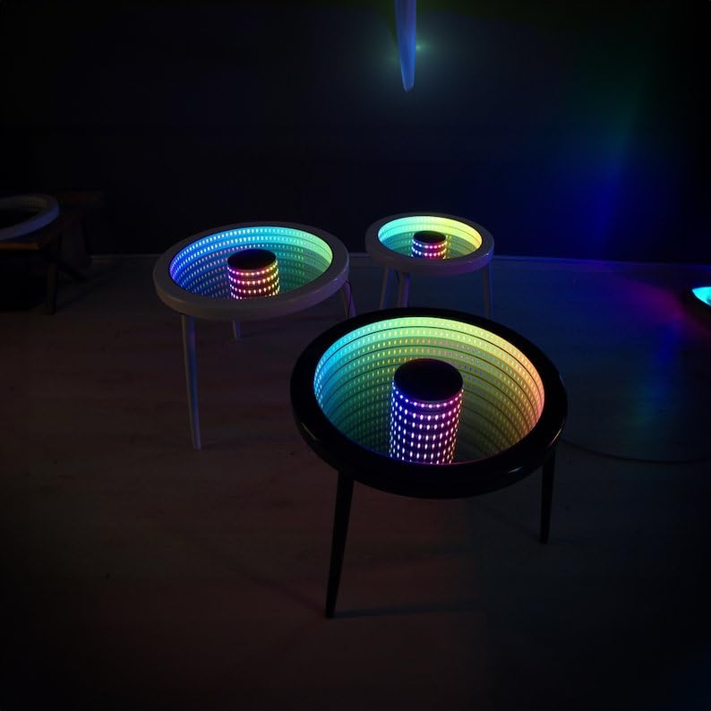 21 Inch Small Round Coffee Tables Living Room Modern Farmhouse Walnut Mirrored Coffee Center Table, 3D Abyss Trendy Coffee Table, Infinity Light, RGB Led Light Table, Music Sync