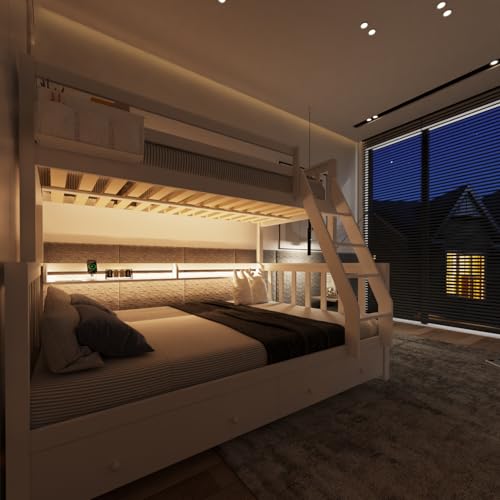 FJTJBSI Solid Wood Bunk Bed with Charging Station and LED Lights Detachable Bunk Bed Twin Over Twin with 2 Storage Drawers Full Size Bed Frame with Guardrail and Ladder for Kids Adults Bedroom FJTJBSI