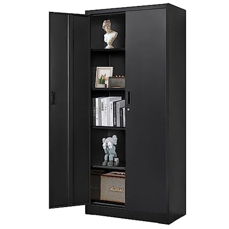 YEEZER Metal Storage Cabinet 71” with 2 Doors and 4 Adjustable Shelves, Garage Steel Locking Cabinet, Tall Cabinets Lockable File Cabinet for Home, Office, Garage, Gym, School. (Black) YEEZER