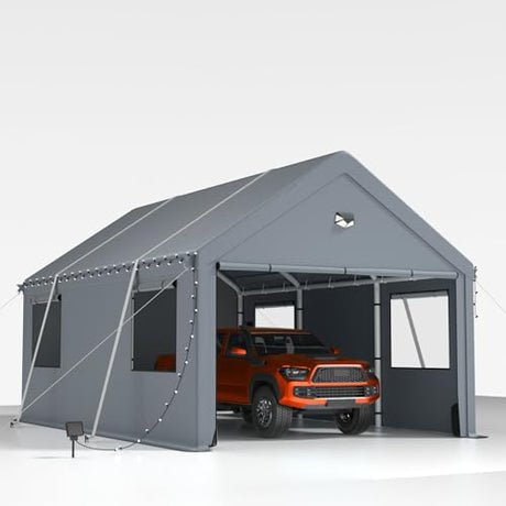 10x16FT Heavy Duty Carport Canopy,Extra Large Portable Car Tent Garage with Roll-up Windows and All-Season Tarp Cover,Removable Roof&Side Wall for Car, SUV,Boats&Truck Shelter Logic Storage Sannwsg