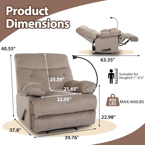 Chizzyseat Manual Oversized Recliner Chair for Heavy Duty Adults 400lbs Extra Wide Recliner with Phone Holder Big Man Recliners for Living Room Bedroom Nursery RV Brown