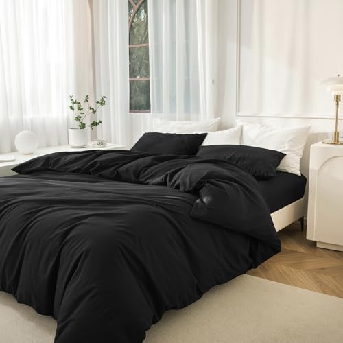 JIYUAN 100% Washed Cotton Duvet Cover Set 3 Pieces King, 1 Duvet Cover 104x90 Inches(Comforter Not Included) and 2 Pillowcases,Linen Feel Bedding Set Comfy and Breathable,Black JIYUAN