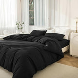 JIYUAN 100% Washed Cotton Duvet Cover Set 3 Pieces King, 1 Duvet Cover 104x90 Inches(Comforter Not Included) and 2 Pillowcases,Linen Feel Bedding Set Comfy and Breathable,Black JIYUAN