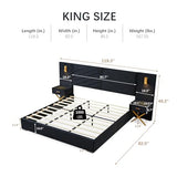 Olodumare Luxurious King Platform Bed Frame, Velvet Upholstered Headboard with 2 Built-in Wall Sconces & Nightstands, Sturdy Metal & Solid Wood Frame, Squeak-Free, No Box Spring Needed, Polar Black Olodumare