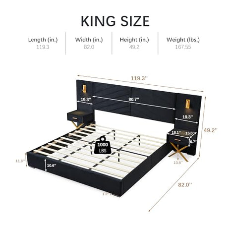 Olodumare Luxurious King Platform Bed Frame, Velvet Upholstered Headboard with 2 Built-in Wall Sconces & Nightstands, Sturdy Metal & Solid Wood Frame, Squeak-Free, No Box Spring Needed, Polar Black Olodumare