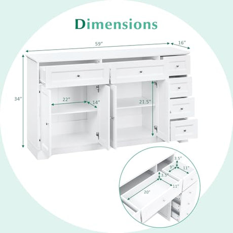 Giantex Large Buffet Cabinet with Storage, 59” Kitchen Cabinet with 4 Doors, 6 Drawers & 2 Adjustable Shelves, Modern Sideboard for Living Room, Coffee Bar, White Giantex