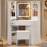 BTHFST Corner Vanity Desk with Lights and Charging Station, Makeup Vanity with Lights, Vanity Set with Mirror and Storage Stool, Makeup Table with Drawers, Rotating Shelves, White BTHFST