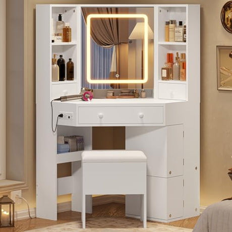 BTHFST Corner Vanity Desk with Lights and Charging Station, Makeup Vanity with Lights, Vanity Set with Mirror and Storage Stool, Makeup Table with Drawers, Rotating Shelves, White BTHFST