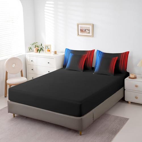 Feelyou Geometric Ombre Teens Comforter Set with Sheets Full Size Kids Boys Women Blue Red and Black 7 Piece Bedding Set Decor Modern Stripes Bed Set Feelyou