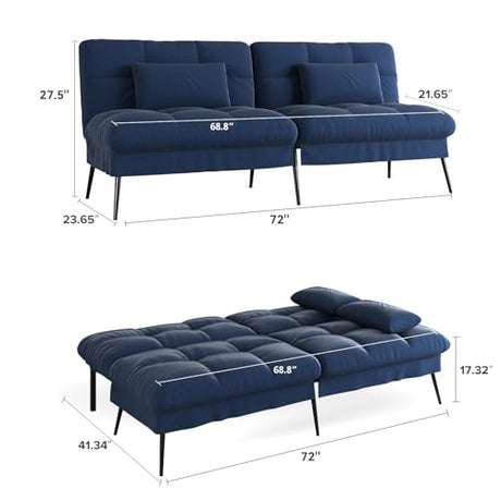 COMHOMA Convertible Futon Sofa Bed, 72″Fabric Futons Couch with Adjustable Backrest, Folding Sleeper Recliner for Living Room Furniture (Blue) COMHOMA