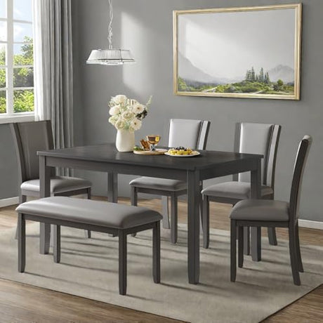 Trygoal Dining Table Set for 6, Farmhouse 6 Piece Dining Room Table Set with Rectangular Table, 4 Upholstered Backrest Chairs and Bench, Counter Height Kitchen Sets with Warm Woodgrain Finish, Gray Trygoal