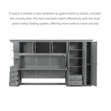 Merax Twin Size Murphy Bed with Desk, Multifunctional Wood Foldable Wall Bed with Wardrobe, Drawers and Cabinet, Space-Saving Hidden Bed for Guest Room Office, No Box Spring Needed, Grey Merax