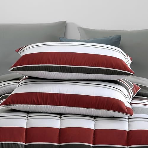 Monbix Queen Comforter Set - 7 Pieces Bed in a Bag Queen, Red and Black-Stripe Bedding Sets, All Seasons Comforter Bed Set with Sheets, Pillowcases & Shams Monbix