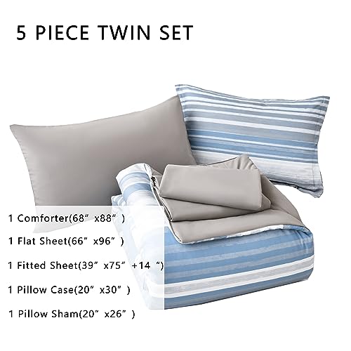 KAKIJUMN 5 Piece Bed in a Bag Stripe Comforter Set Twin Size, White Grey Blue Striped Comforter and Sheet Set, All Season Soft Microfiber Complete Bedding Set(Light Blue,Twin) KAKIJUMN