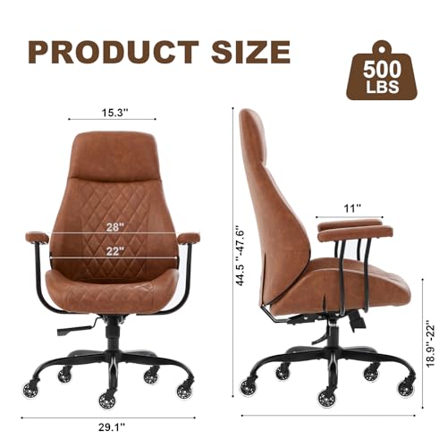 E-Motie Home Office Desk Chair, Ergonomic High Back Leather Computer Chair with Lumbar Support, Adjustable Height & Recline, Swivel Executive Office Chair with Armrests and Rubber Casters, Brown E-Motie