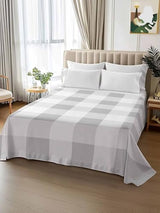Cal King Size Flat Bed Sheet,Grey White Plaid Microfiber Brushed Single Flat Sheet Only,Modern Geometric Minimalist Grid Soft & Breathable Top Sheet Lightweight Quilt Hotel Luxury Bedding for Women ZOE GARDEN