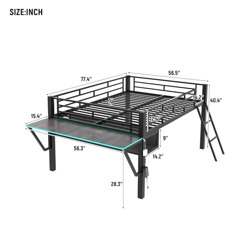 DEYOBED Full Size Loft Gaming Bed with LED Light and Integrated Desk in Black