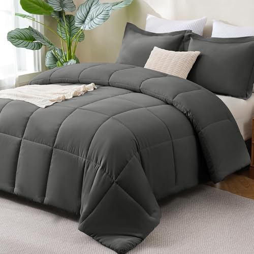 CozyLux Queen Comforter Set - Dark Grey Comforter Queen Size, 3 Pieces Box Stitched Bed Set for All Seasons, Soft Lightweight Bedding Sets with 1 Down Alternative Comforter and 2 Pillow Shams CozyLux